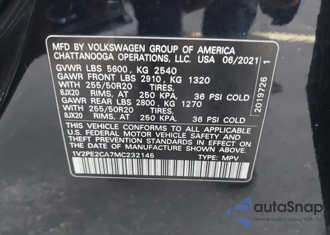 2021 Volkswagen Atlas Cross Sport 3.6L V6 Se W/Technology R-Line z USA, uszkodzony, nr VIN 1V2PE2CA7MC232145